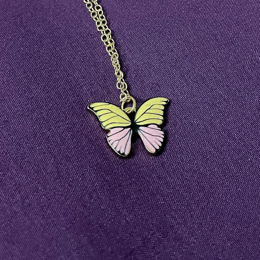 NWOT Girls Pink and Yellow Multi-colored Butterfly Pendant Necklace with Chain